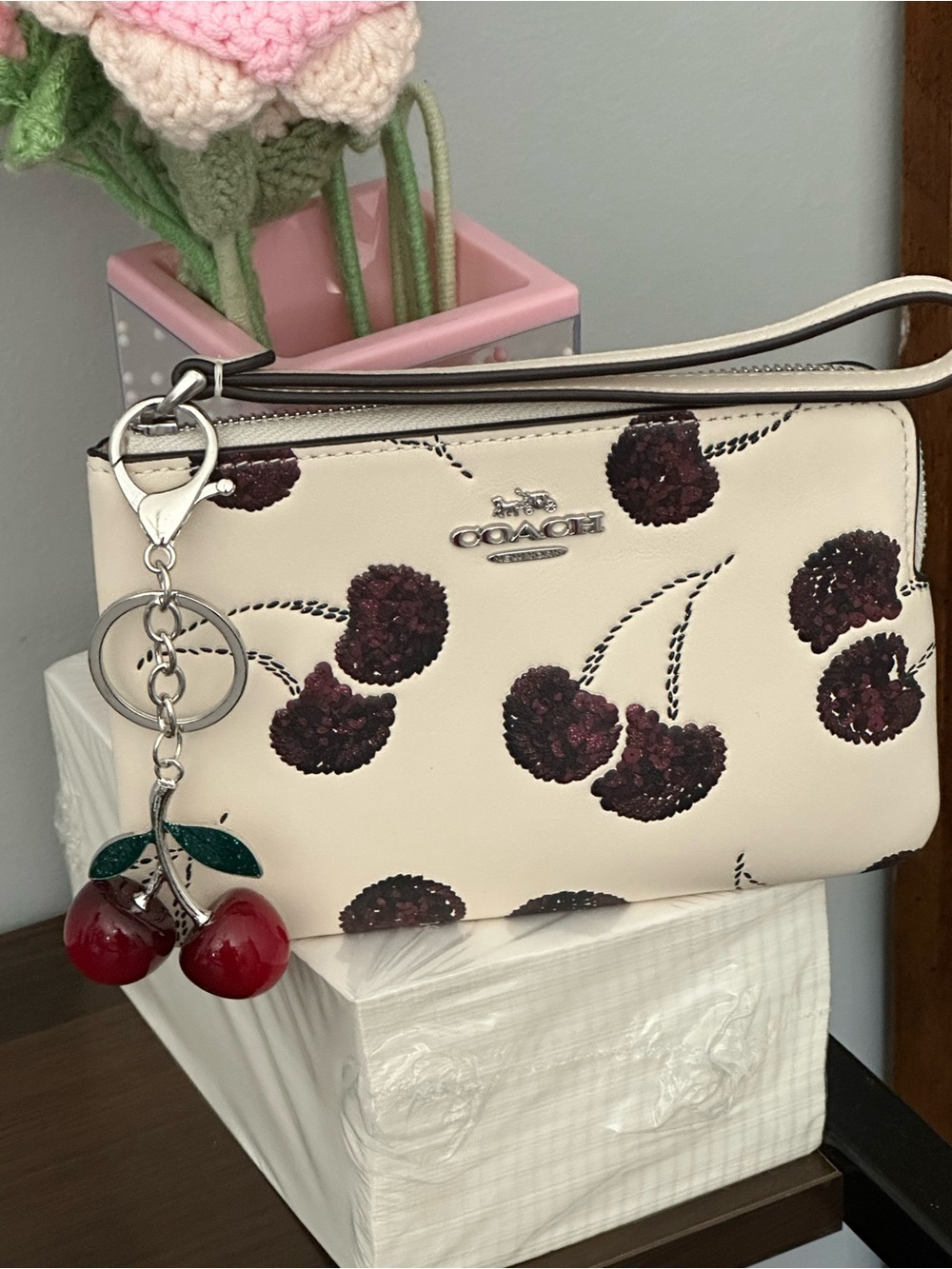 Coach Corner Zip Wristlet with Cherry Print